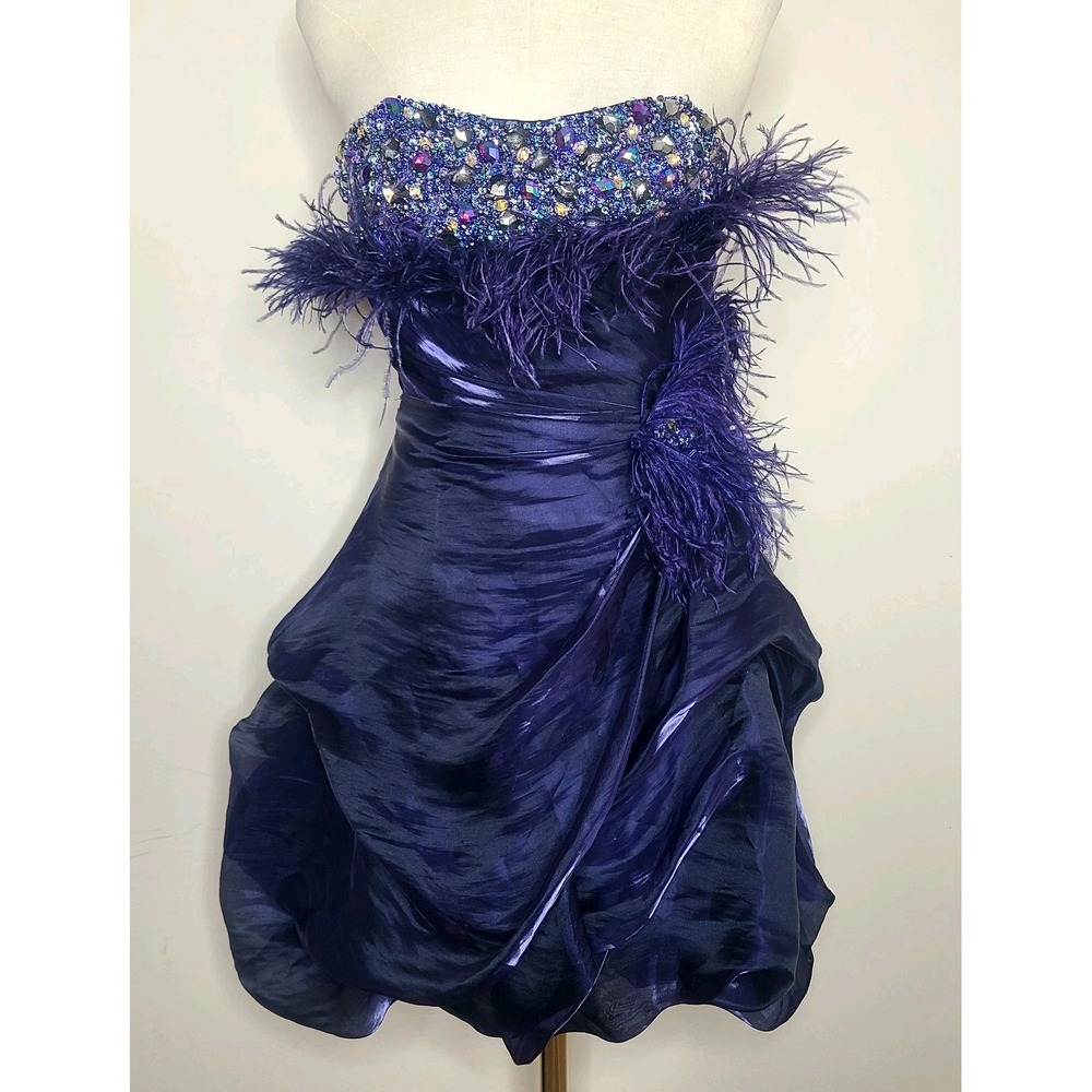 Vtg ALYCE‎ DESIGNS Purple Iridescent Feather Beaded Mini Dress Y2K Party Diva 4